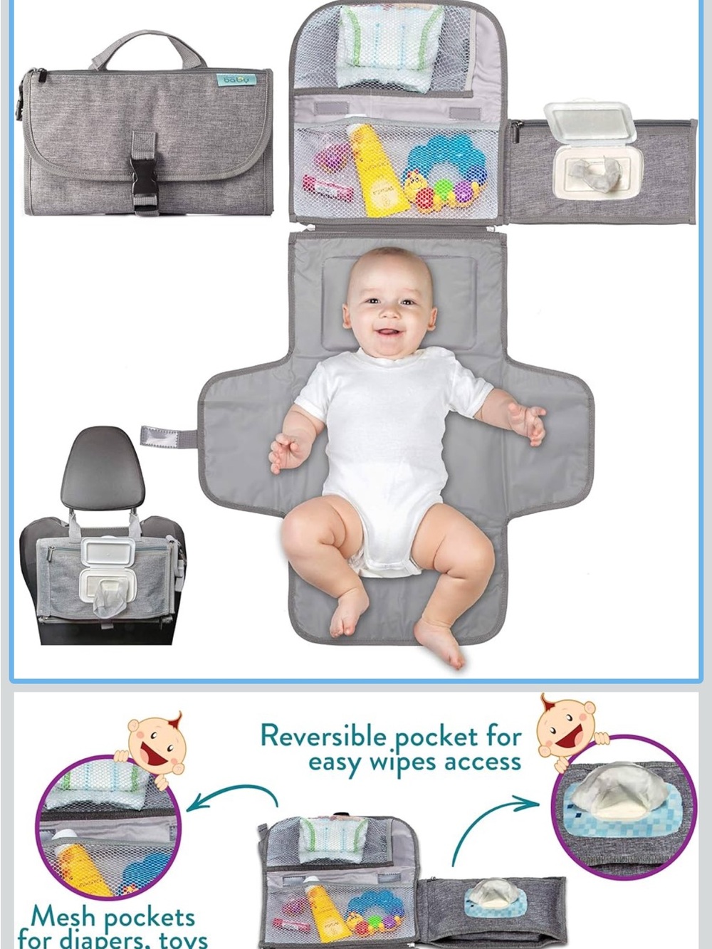 Gray Baby Travel Changing Pad with Storage Pockets - New